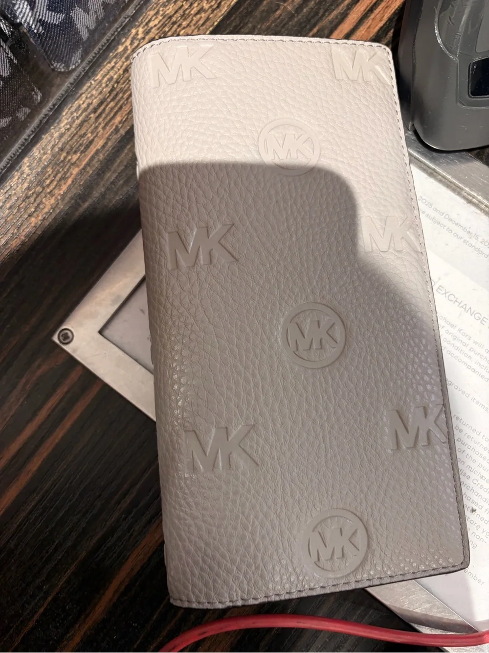 Michael Kors Light stone Cream Embossed MK Long Card bifold new wallet on sale !